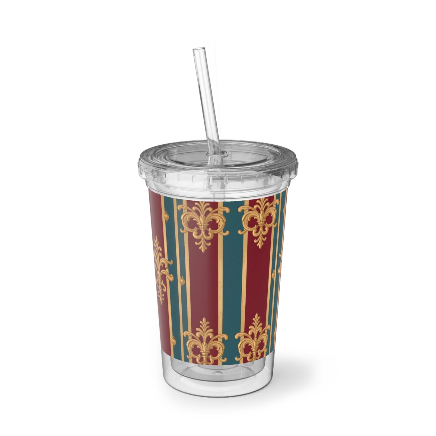 Elegant Floral Acrylic Cup, Insulated Drink Tumbler, Stylish Straw Cup, Boho Travel Mug, Perfect for Parties - Burgundy Striped Gold Baroque