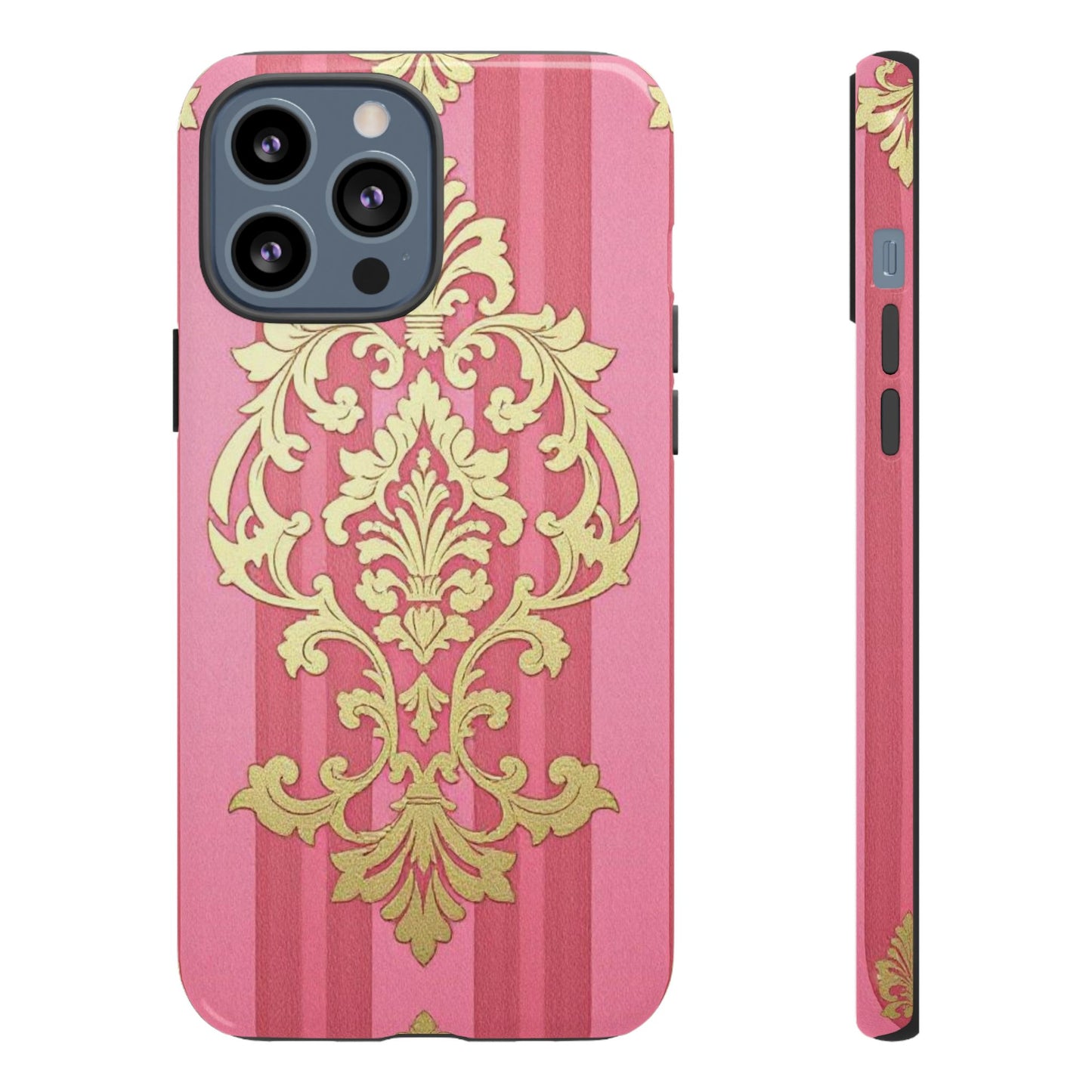 Elegant Floral Motif Phone Case - Tough Cases with Vintage Design - Pink Striped Damask