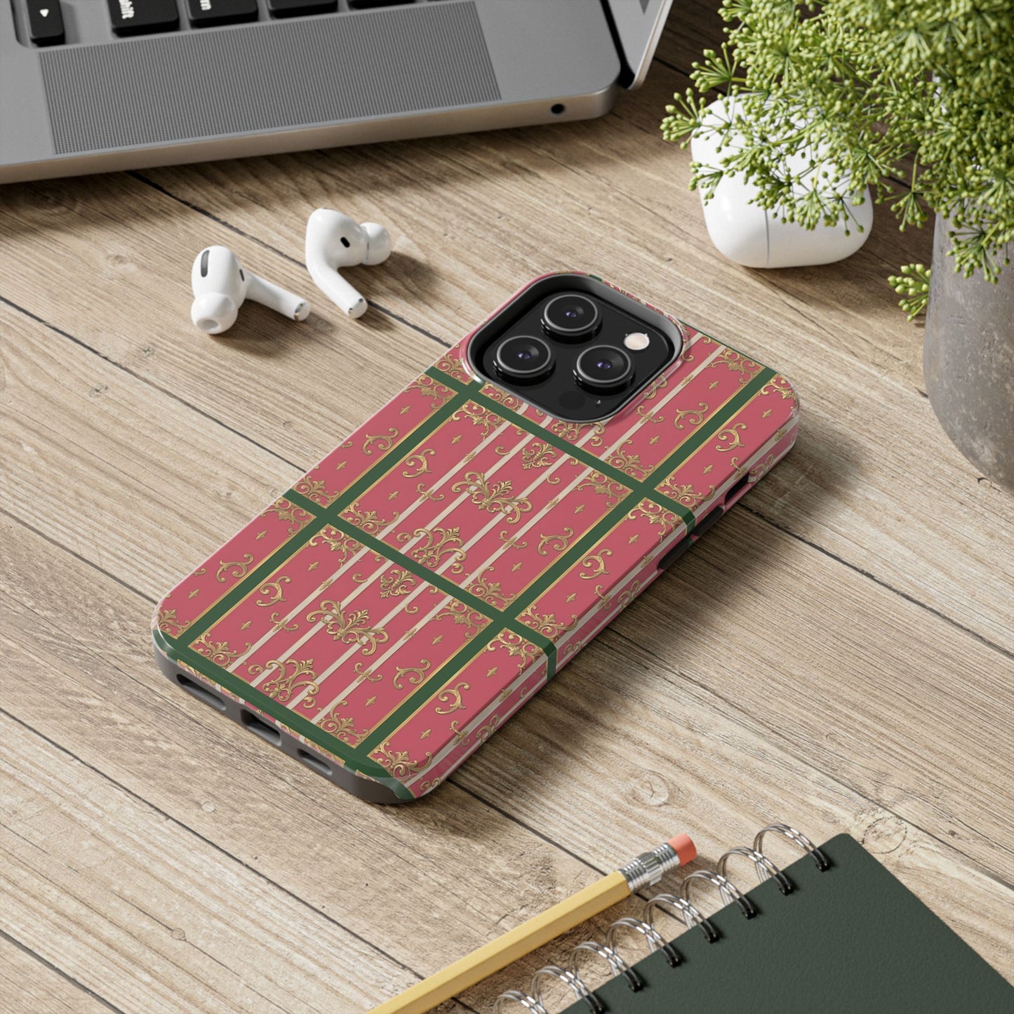 Elegant Green Border Pink Striped Baroque Phone Cases, Tough Phone Cases for Protection, Stylish Mobile Accessories, Gift for Her, Holiday Tech Gifts