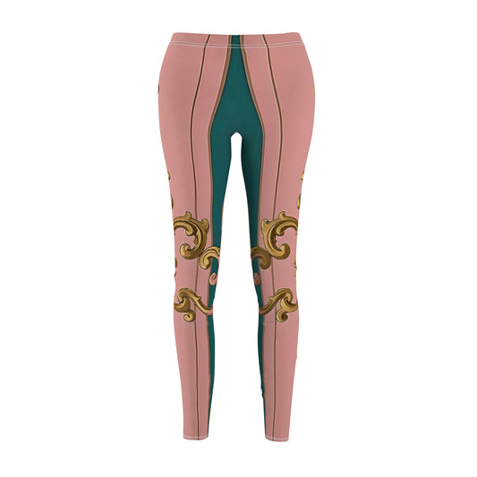 Elegant Floral Leggings, Stylish Activewear, Casual Outfits, Comfortable Yoga Pants - Pink & Teal Striped Gold Baroque
