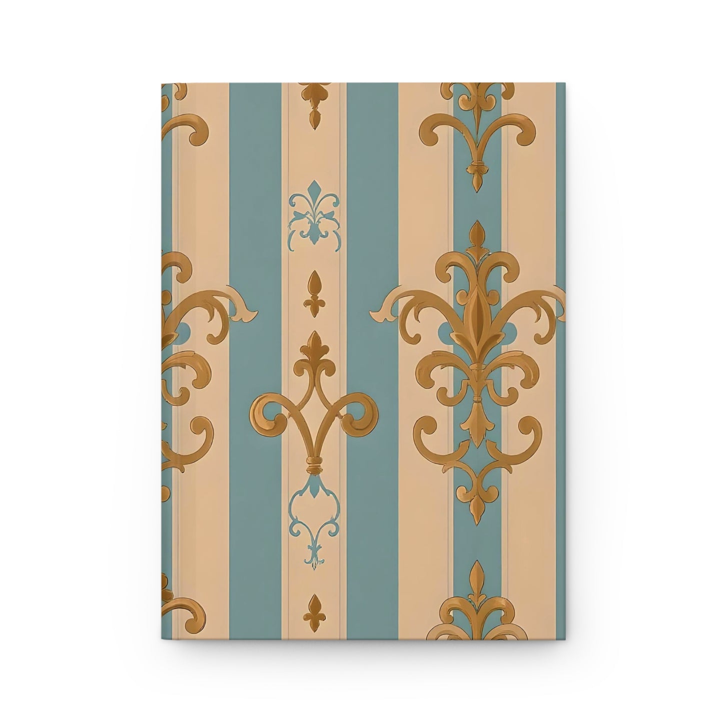 Elegant Floral Motif Hardcover Journal - Stylish Writing Notebook -  Beige & Sky Blue Striped Gold Damask