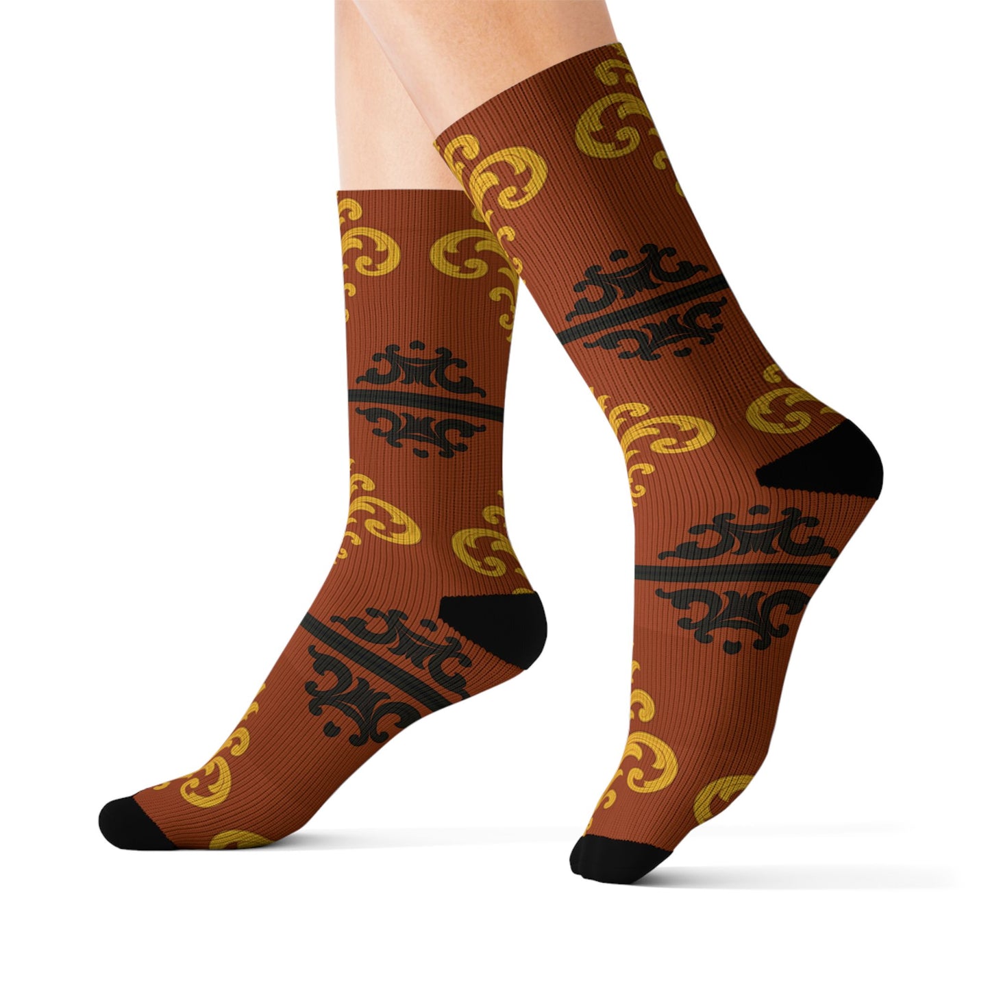 Dusk Terracotta Baroque Sublimation Socks — Vintage Terracotta & Gold Patterned Crew Socks