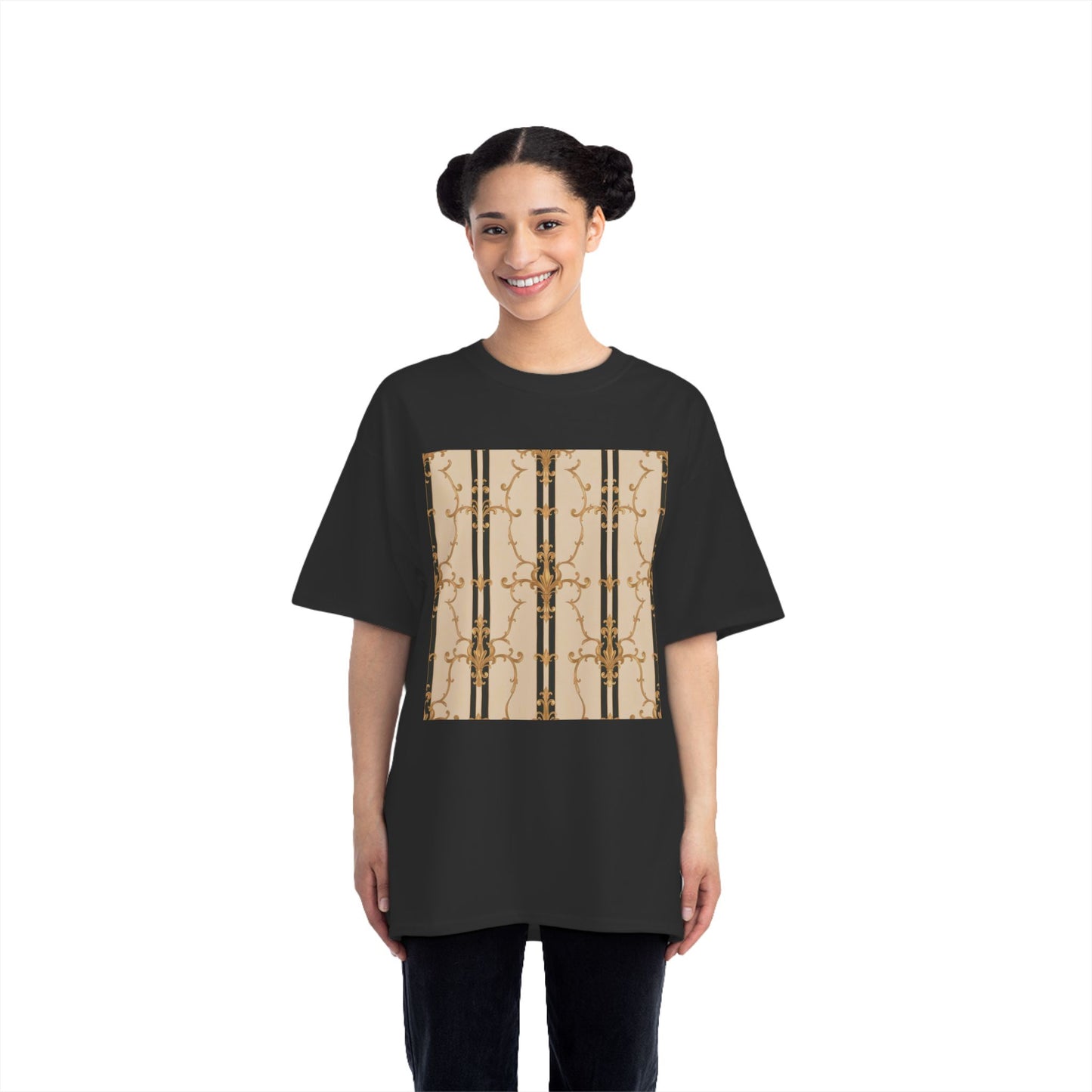 Stylish Graphic Tee for Casual Wear, Fashionable Short-Sleeve Shirt, Unique Summer Top - Black & Beige Striped Damask