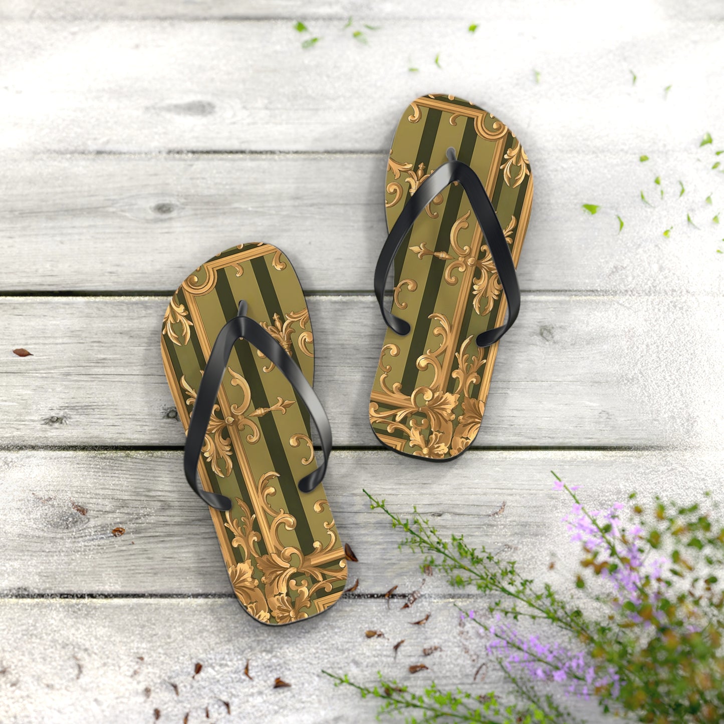 Elegant Floral Flip Flops, Summer Sandals, Beach Footwear, Vacation Essentials, Gift for Her, Outdoor Adventures - Olive Green Striped Rococo
