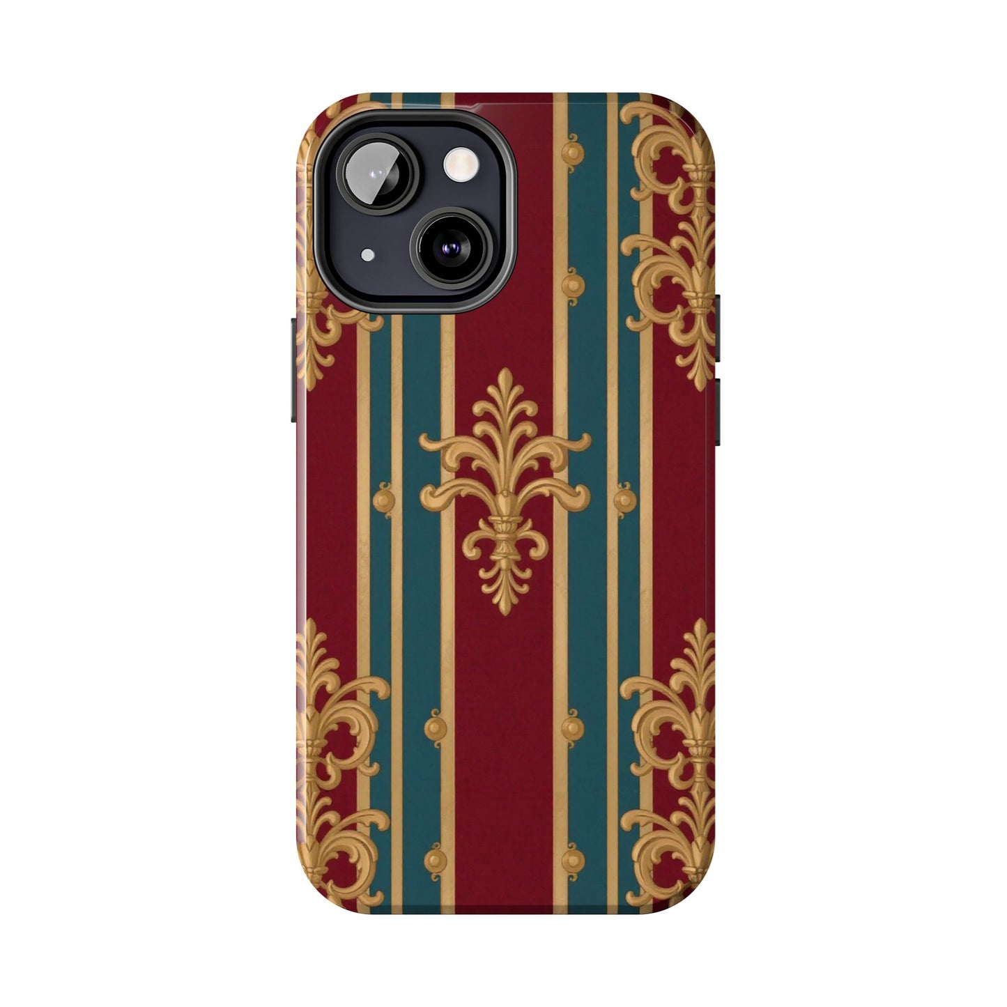 Elegant Vintage Tough Phone Case, Luxury Phone Protection, Stylish Phone Cover, Durable Phone Accessory - Burgundy Striped Gold Baroque