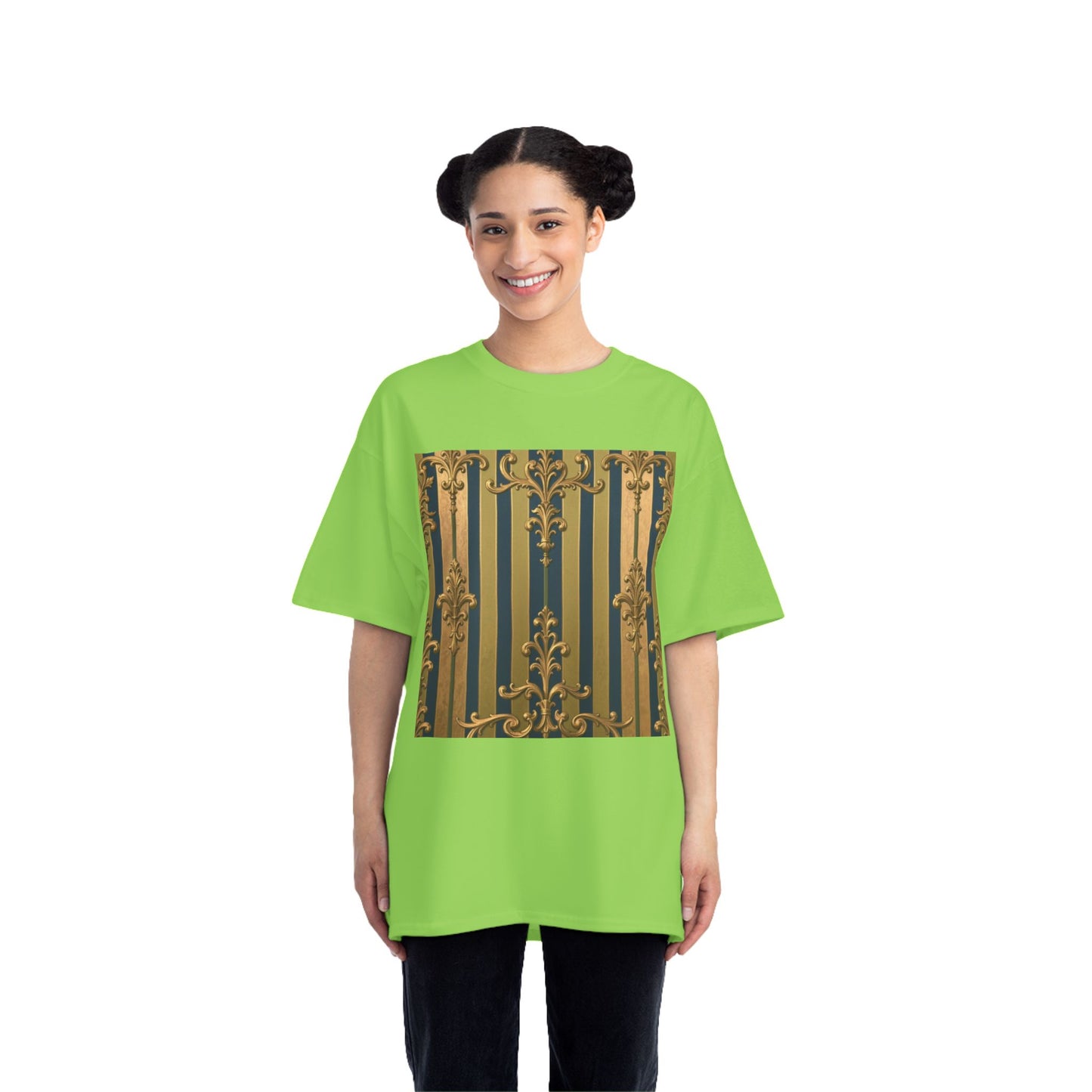 Elegant Midnight Blue & Olive Striped Gold Baroque Short-Sleeve Unisex T-Shirt, Vintage Fashion Tee, Casual Summer Top