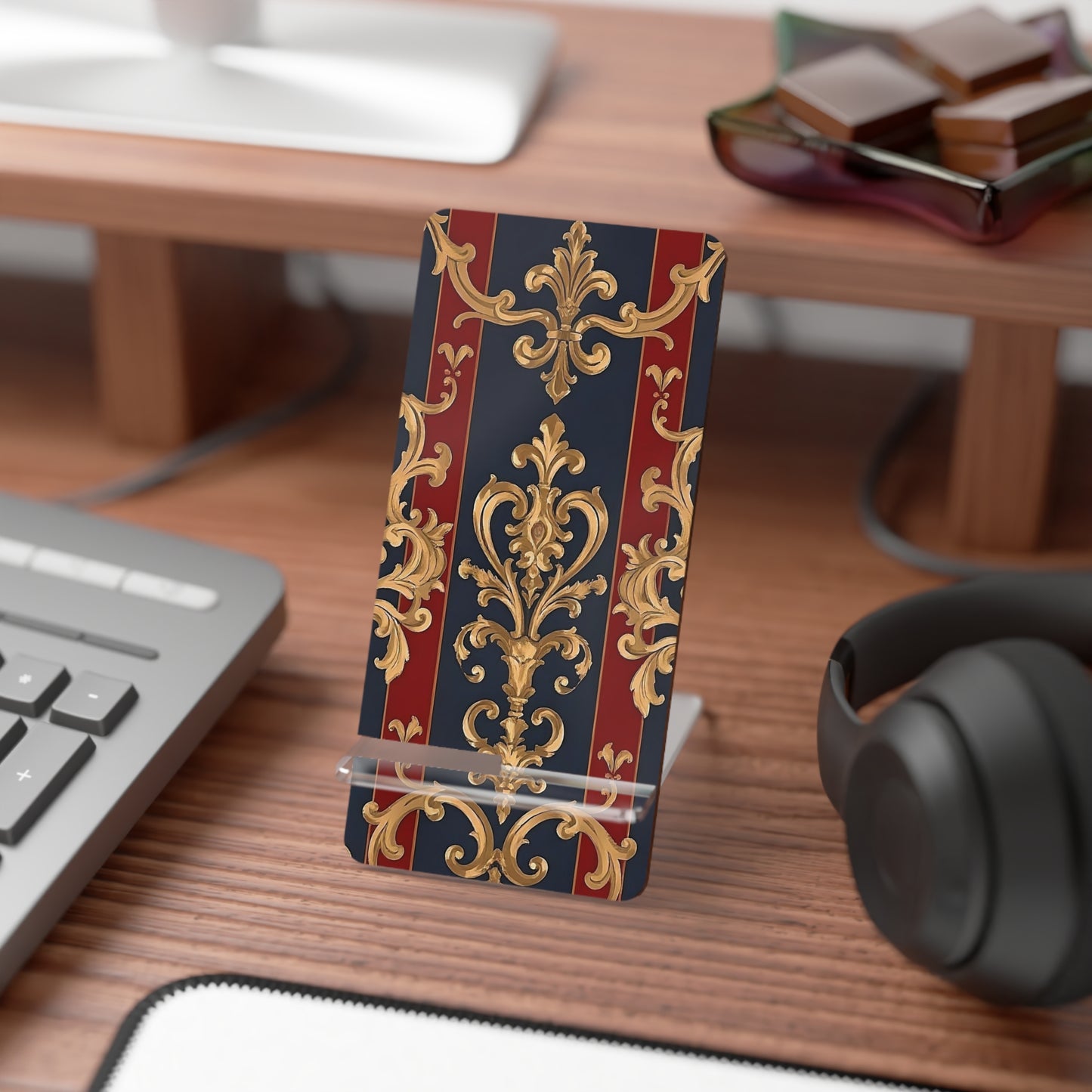 Elegant Floral Motif Smartphone Display Stand - Midnight Blue & Dusk Red Striped Gold Damask - Decorative Mobile Holder