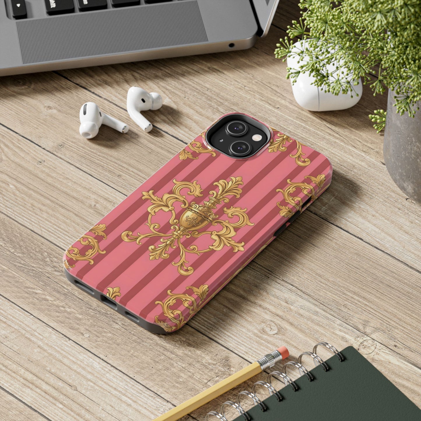 Elegant Baroque Tough Phone Cases, Durable Phone Cover, Stylish Accessory, Gift for Any Occasion - Pink Striped Gold Baroque