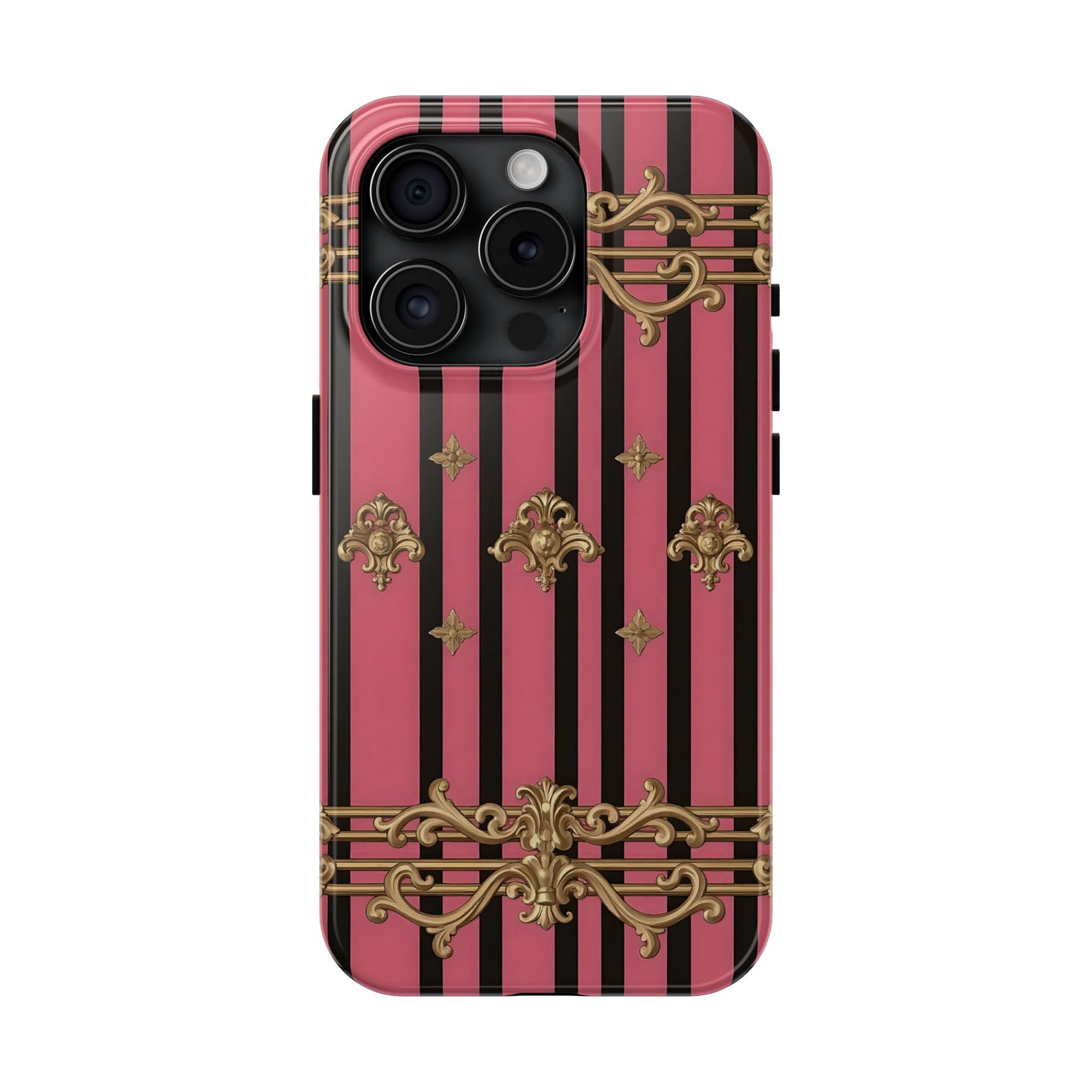 Elegant Floral Phone Cases, Stylish Protective Case for Trendy Individuals, Unique Gift for Tech Lovers, Phone Accessories - Pink Striped Gold Rococo