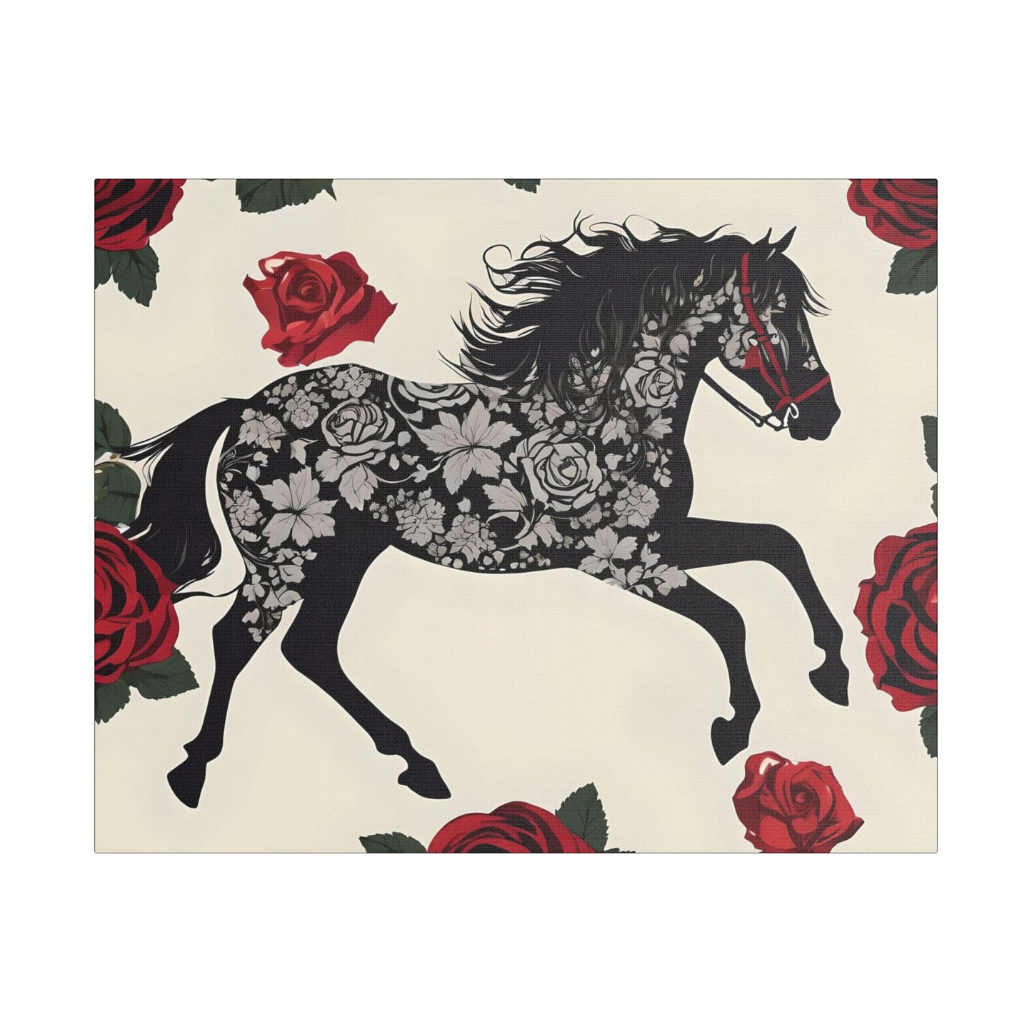 Art Print Canvas, Wall Decor, Satin Stretched Canvas, Equestrian Art, Office Decor, Home Decor - Horse & Roses