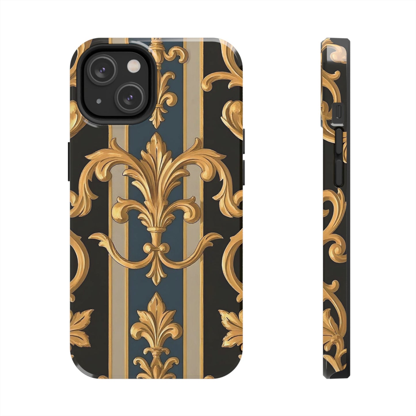 Elegant Rococo Phone Cases, Tough iPhone Case, Floral Design Case, Luxury Phone Cover - Blue & Black Striped Rococo