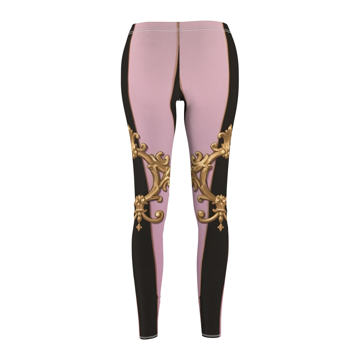 Elegant Women's AOP Leggings with Baroque Design, Chic Activewear, Trendy Workout Pants - Matte Lavender & Black Striped Gold Baroque