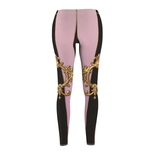 Elegant Women's AOP Leggings with Baroque Design, Chic Activewear, Trendy Workout Pants - Matte Lavender & Black Striped Gold Baroque