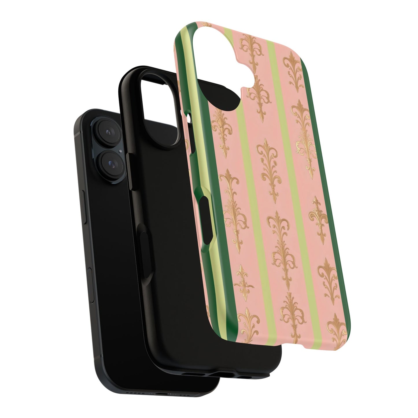 Elegant Floral Motif Phone Case - Tough Cases with Vintage Design - Lime Green & Pink Striped Damask