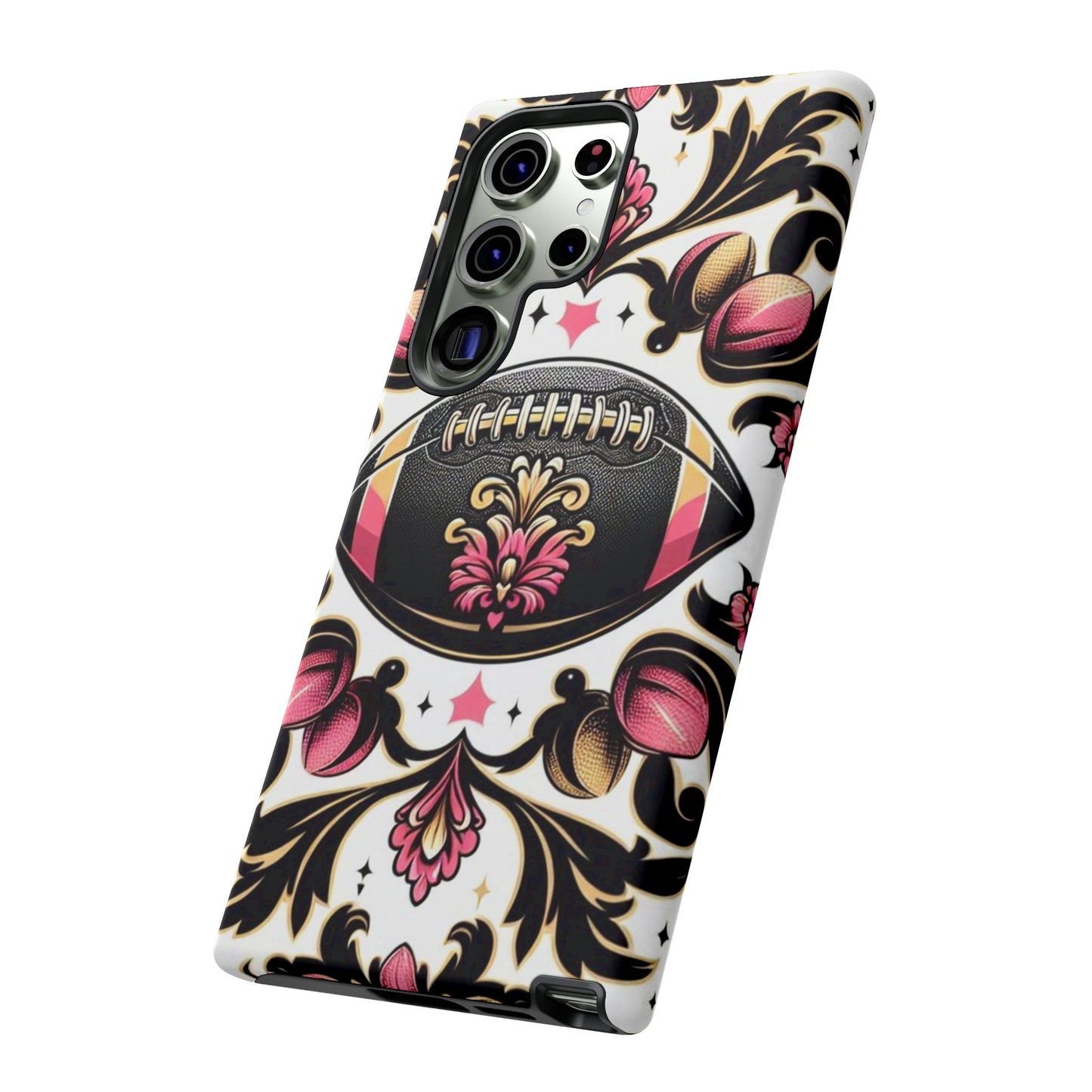 Elegant Floral Motif Phone Case - Tough Cases with Vintage Design - Damask White, Pink Gold & Black Football