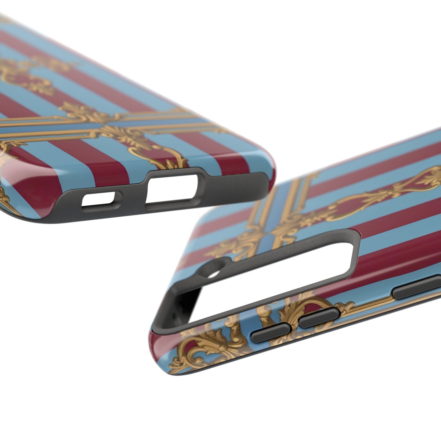Elegant Patterned Tough Phone Cases, Stylish Phone Cover, Durable Phone Protection, Unique Gift Idea - Sky Blue & Maroon Striped Baroque