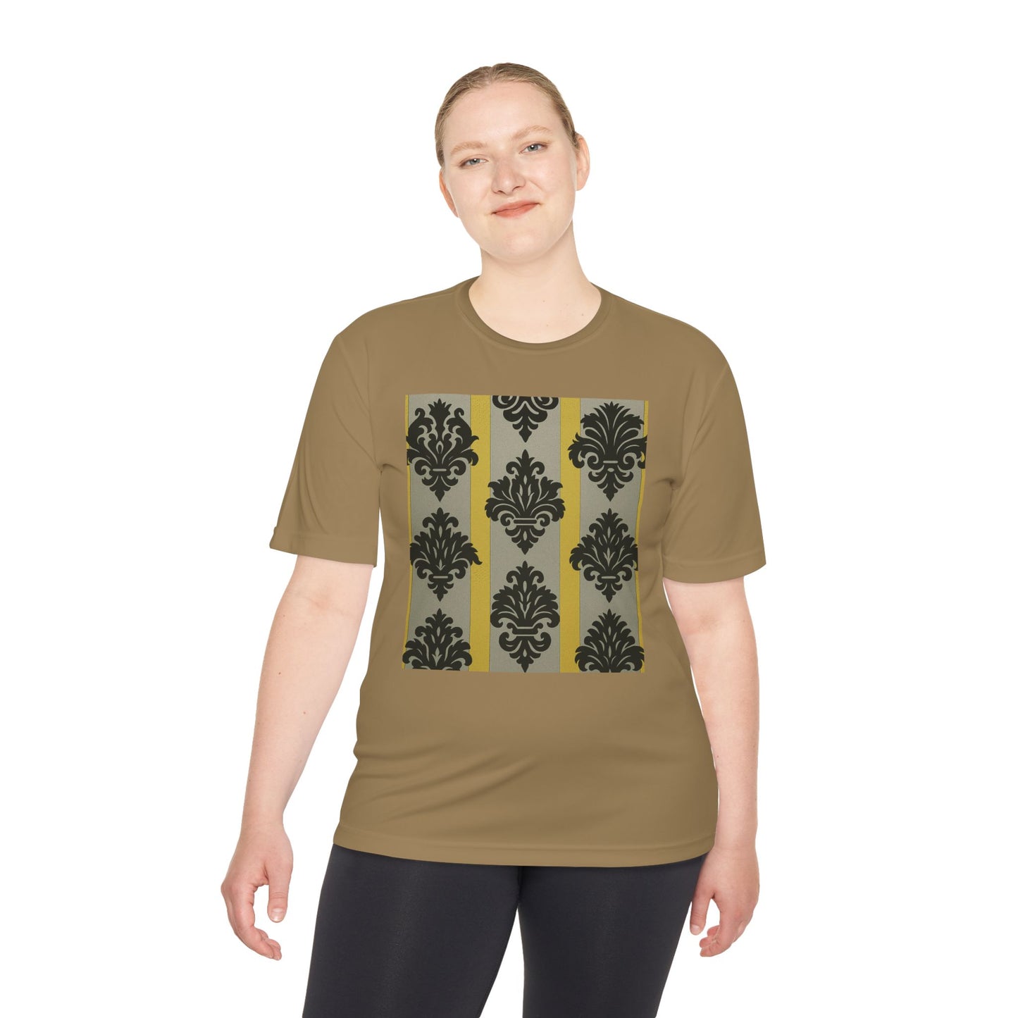 Elegant Patterned Unisex Moisture Wicking Tee, Activewear, Casual Tee, Gift for Him/Her, Stylish Sportswear - Silver & Gold Striped Black Baroque
