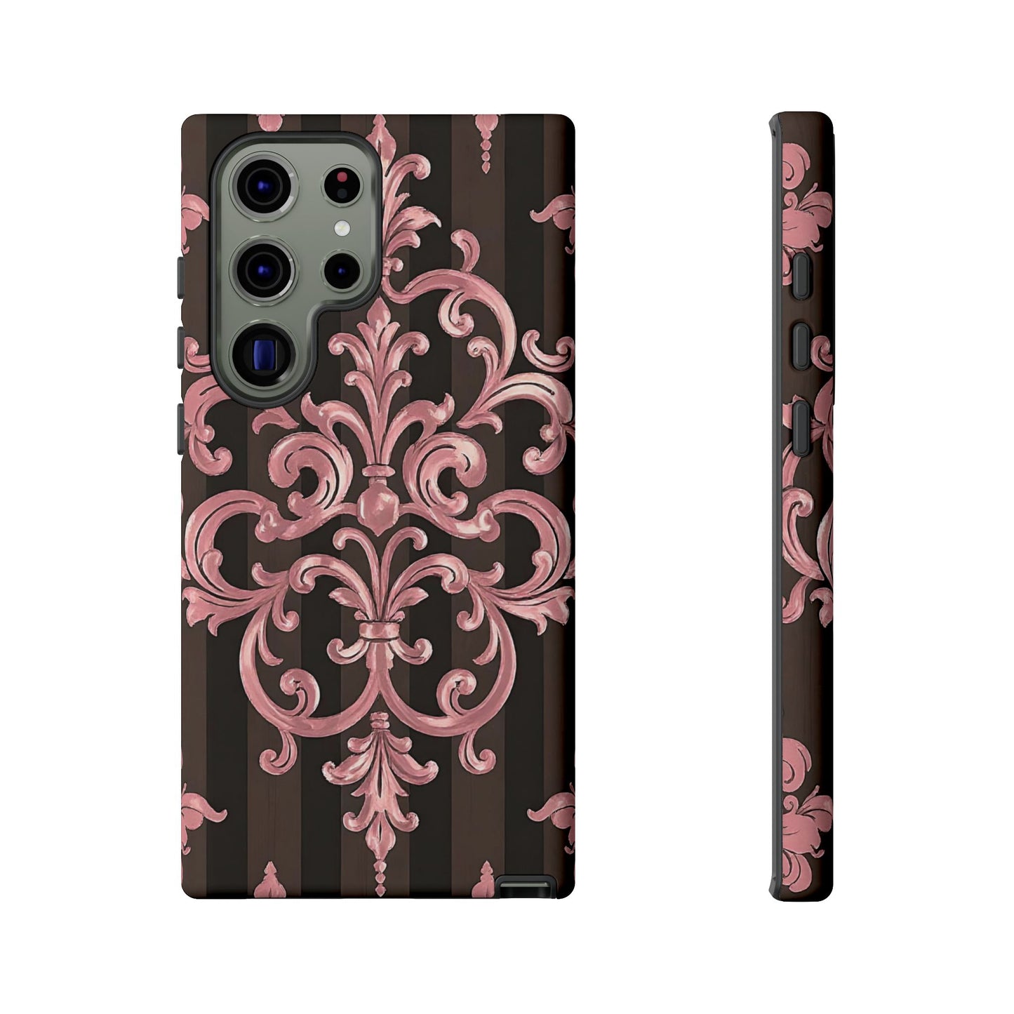 Elegant Floral Motif Phone Case - Tough Cases with Vintage Design - Brown Striped Mauve Damask