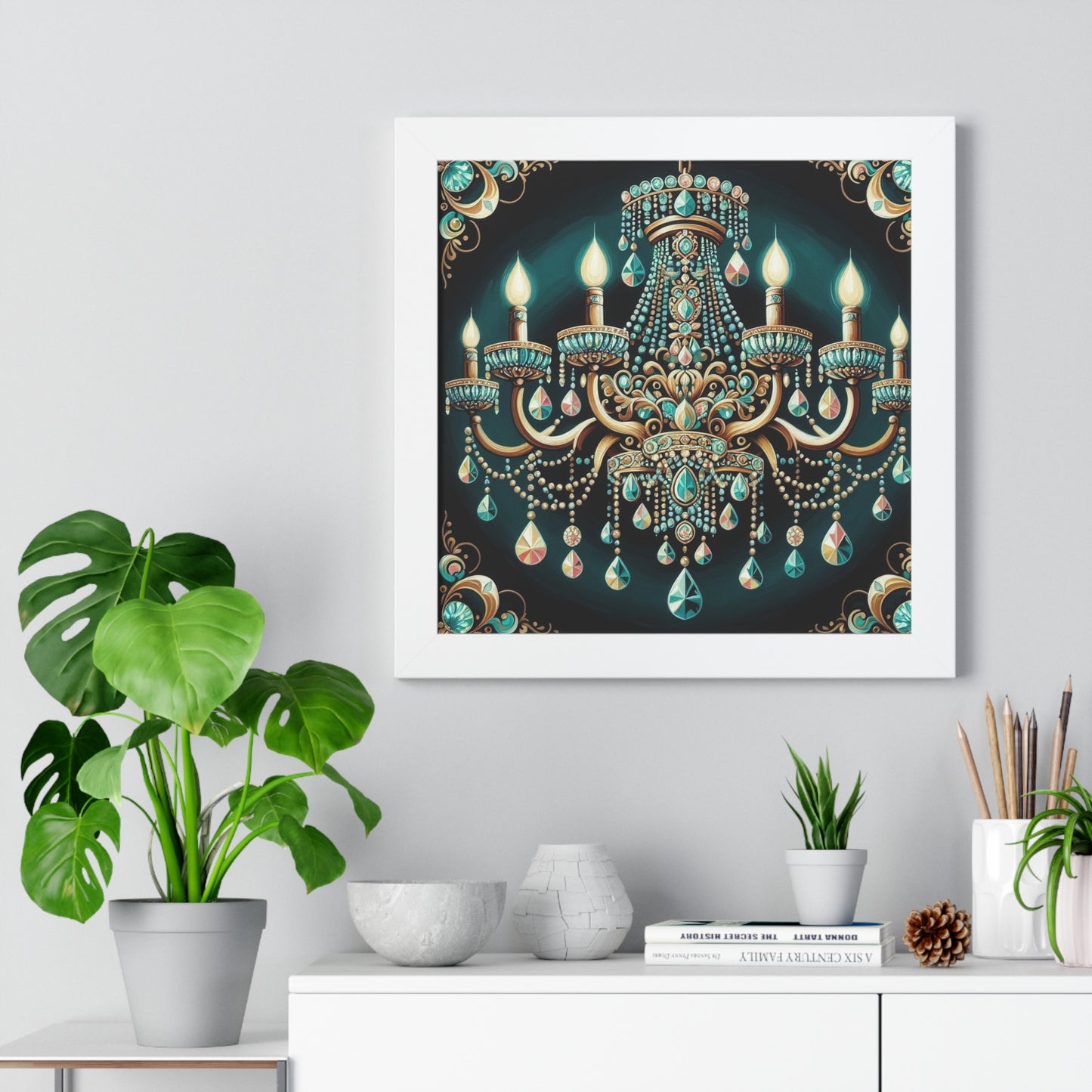 Elegant Chandelier Art Print, Framed Vertical Poster, Home Decor, Wall Art, Gift for Her, Luxury Interior Decoration - Teal Jeweled Chandelier