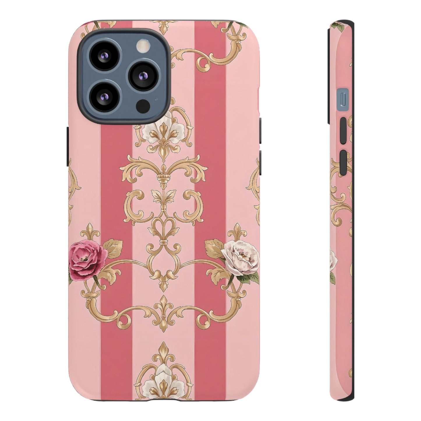 Elegant Floral Motif Phone Case - Tough Cases with Vintage Design - Pink Striped Roses & Damask