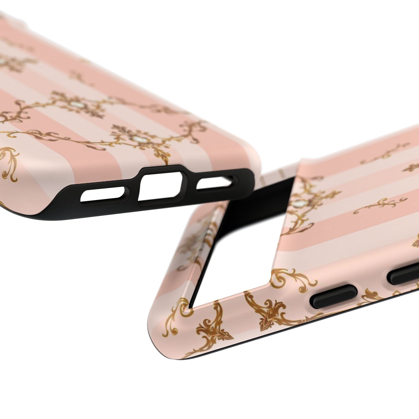 Elegant Floral Phone Case, Tough Cases for Women, Trendy Phone Cover, Chic Gift - Pink Jeweled Striped Gold Baroque
