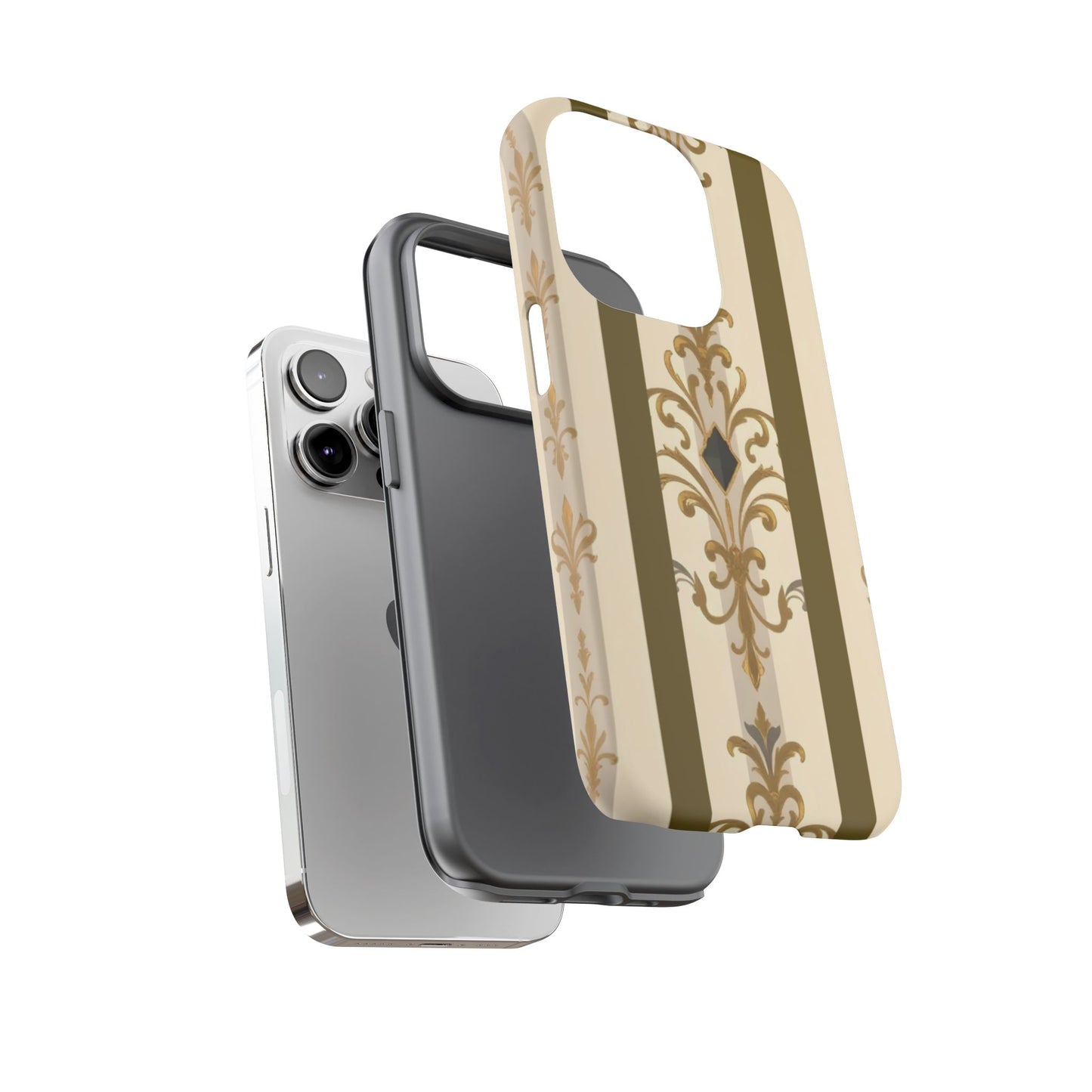Elegant Floral Motif Phone Case - Tough Cases with Vintage Design - Olive Striped Gold Damask