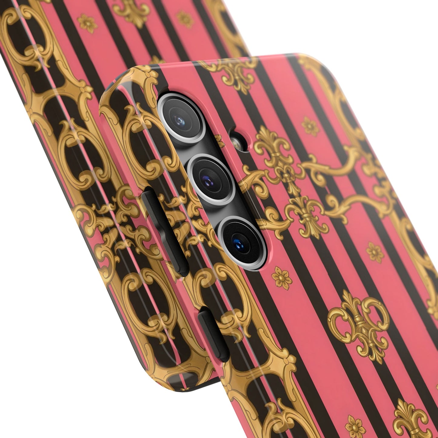 Elegant Baroque Tough Phone Cases, Stylish Protection, Gift for Her, Trendy Accessory - Pink & Black Striped Gold Baroque
