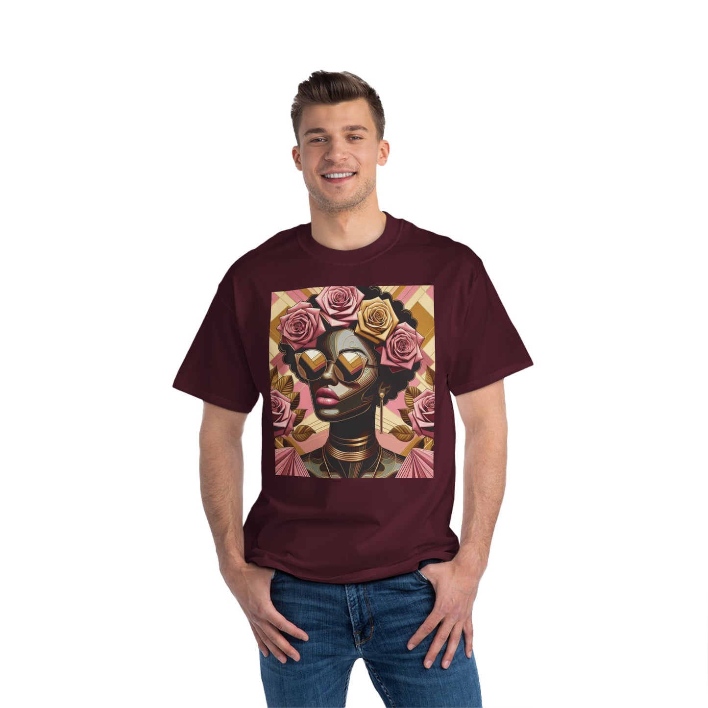 Artistic Floral Feminine T-Shirt, Stylish Tee with Mixed Media Design, Vibrant Short-Sleeve Top, Trendy Casual Wear - Pink Roses Lady