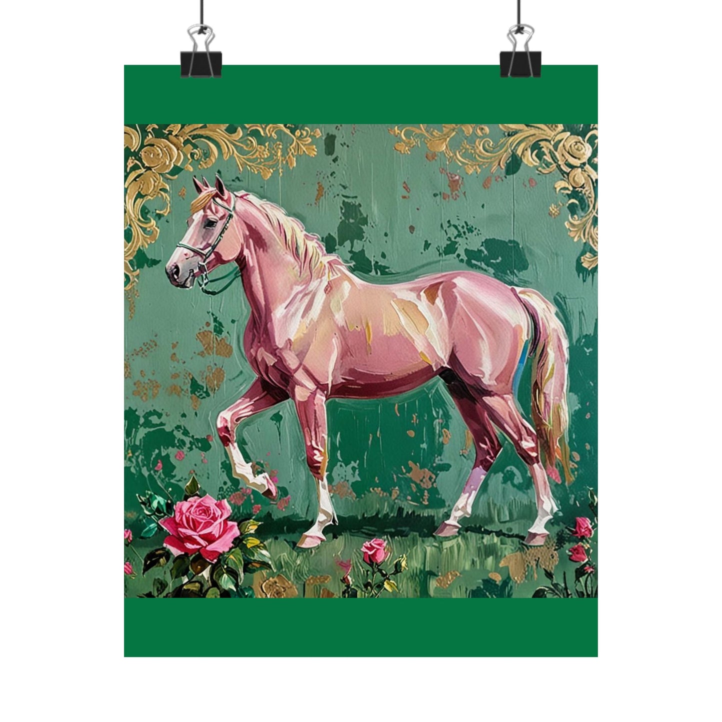 Floral Motif Art Poster - Elegant Matte Vertical Wall Decor - Pink Horse With Gold Damask & Roses