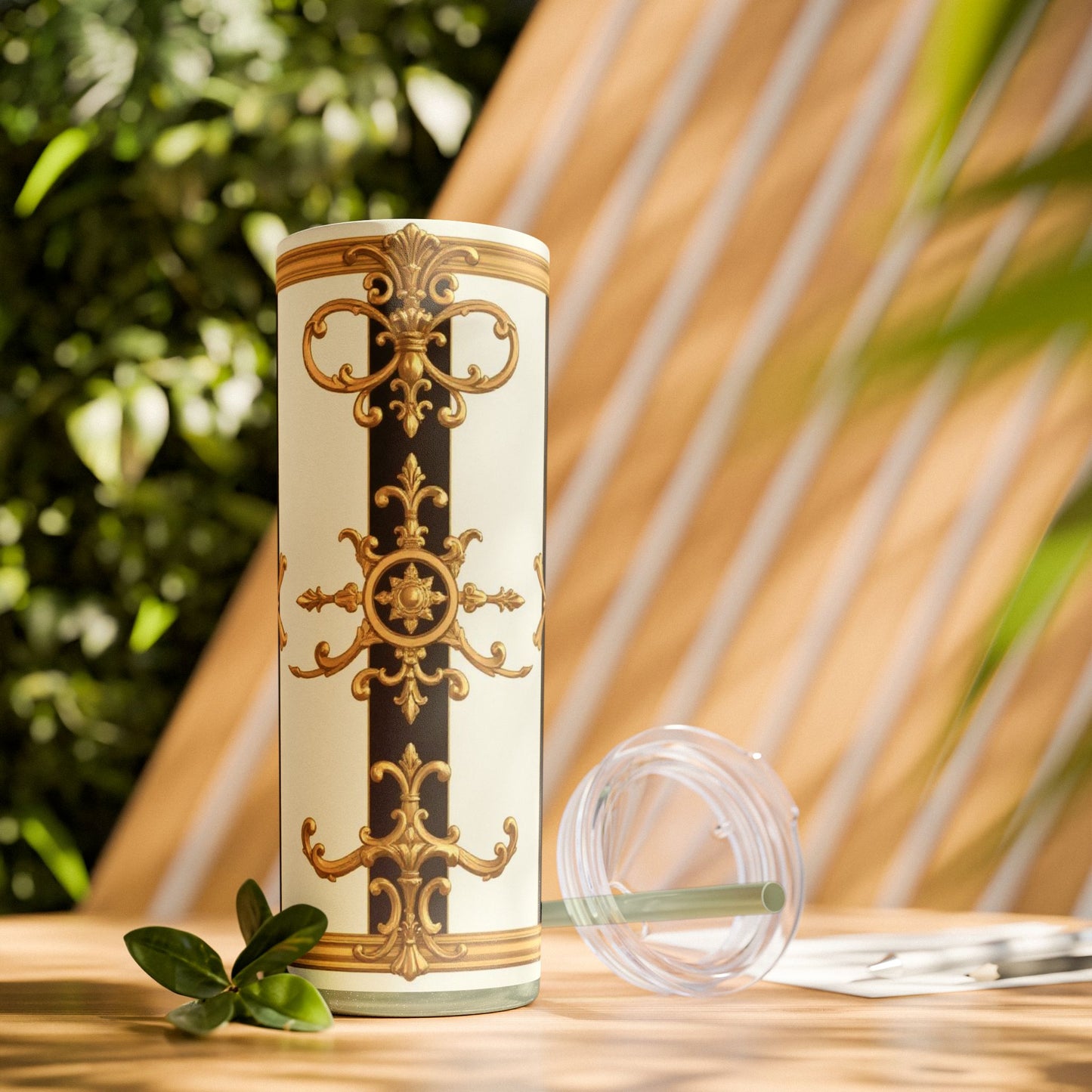 Elegant Gold Accents Skinny Tumbler, 20oz - Stylish Drinkware for Weddings, Parties, Gifts, or Everyday Use - Black & White Striped Gold Baroque