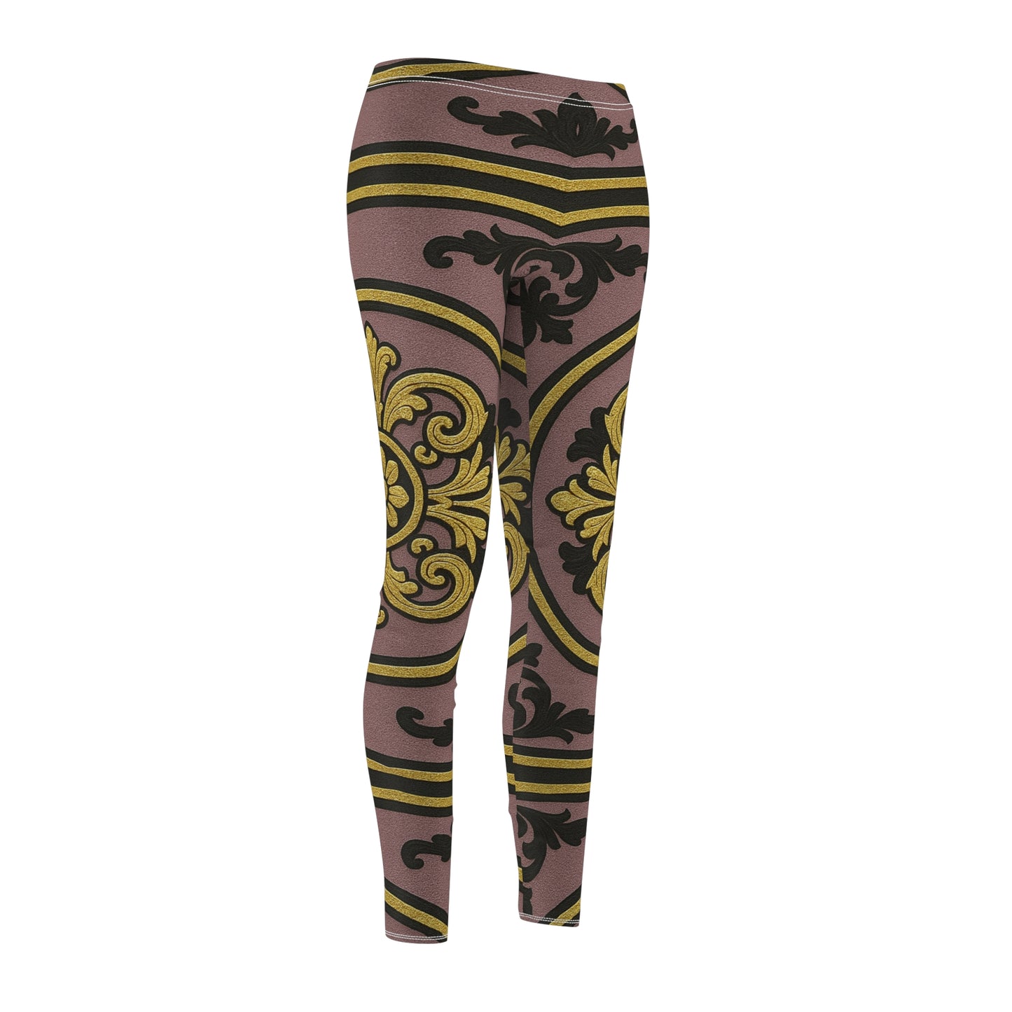 Elegant Gilded Mauve Black-Gold Baroque AOP Women's Casual Leggings - Everyday Wear, Activewear, Unique Gift