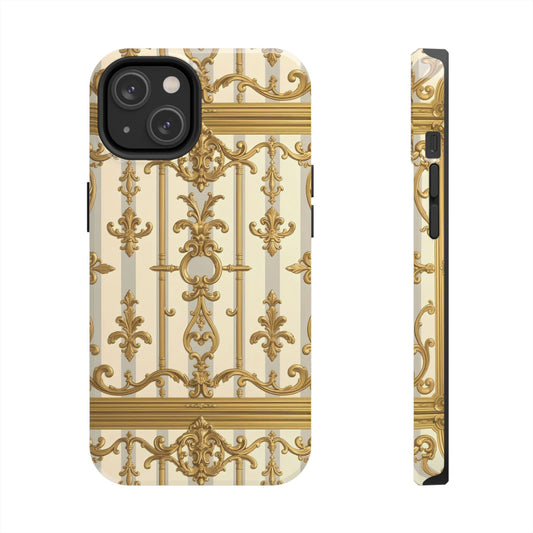Elegant Gold Pattern Tough Phone Cases | Stylish Phone Covers, Trendy Cell Phone Accessories - Matte Gray & Cream Striped Gold Baroque