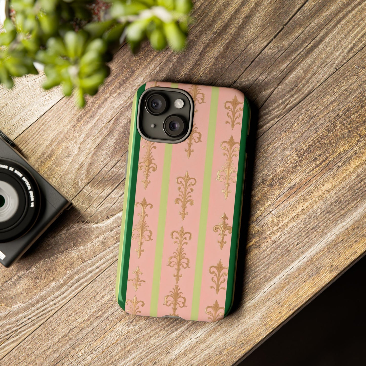 Elegant Floral Motif Phone Case - Tough Cases with Vintage Design - Lime Green & Pink Striped Damask