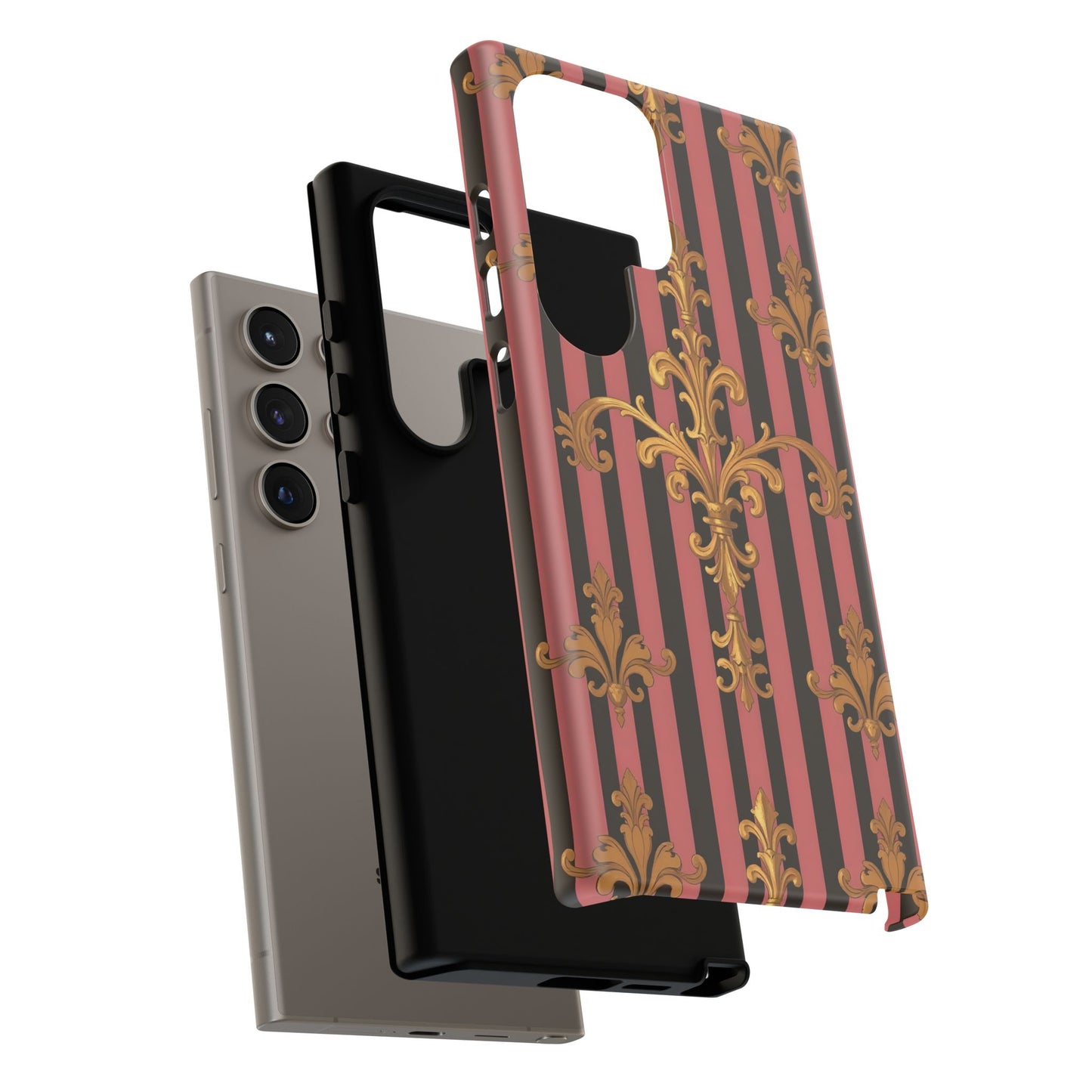 Elegant Floral Motif Phone Case - Tough Cases with Vintage Design - Mauve Striped Gold Damask