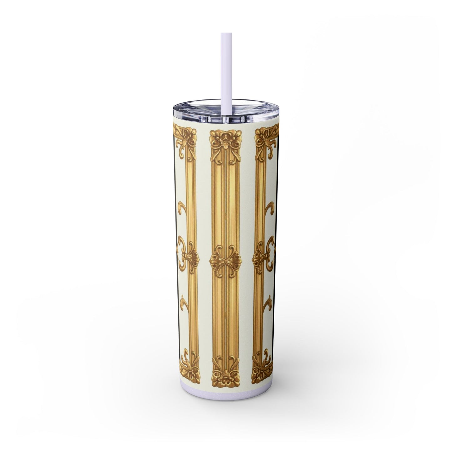 Elegant Gold Accents Skinny Tumbler, 20oz - Stylish Drinkware for Weddings, Parties, Gifts, or Everyday Use - Black & White Striped Gold Baroque
