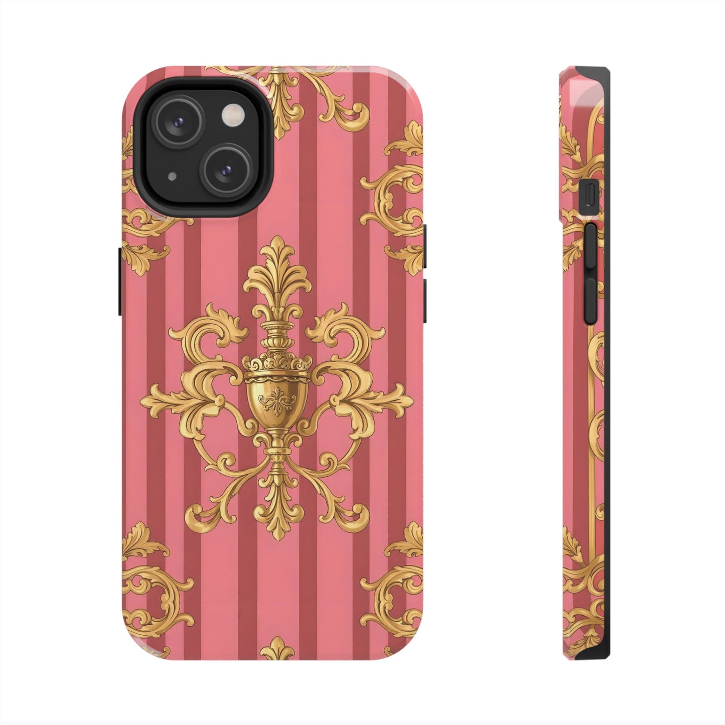 Elegant Baroque Tough Phone Cases, Durable Phone Cover, Stylish Accessory, Gift for Any Occasion - Pink Striped Gold Baroque