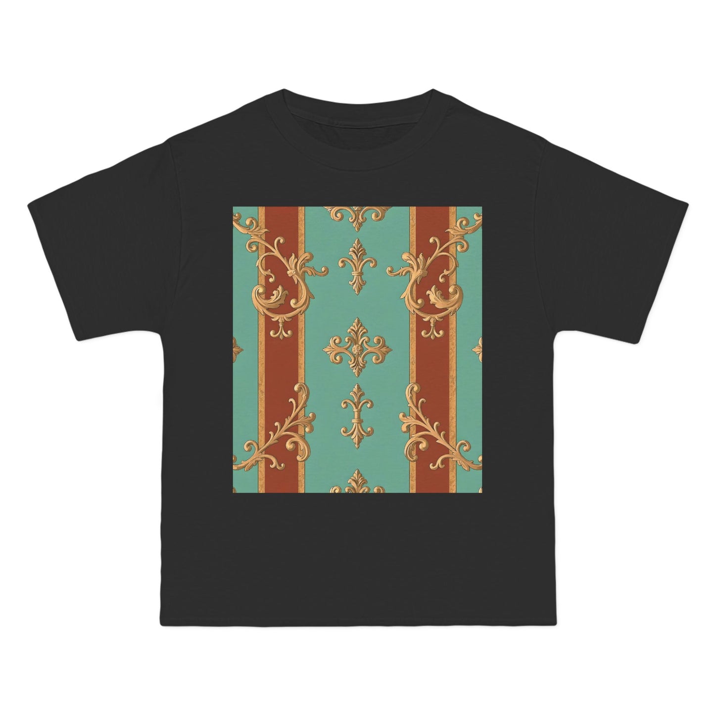 Elegant Vintage Patterned T-Shirt | Vintage Style Tee, Casual Wear, Retro Aesthetic - Rust & Mint Aqua Striped Baroque