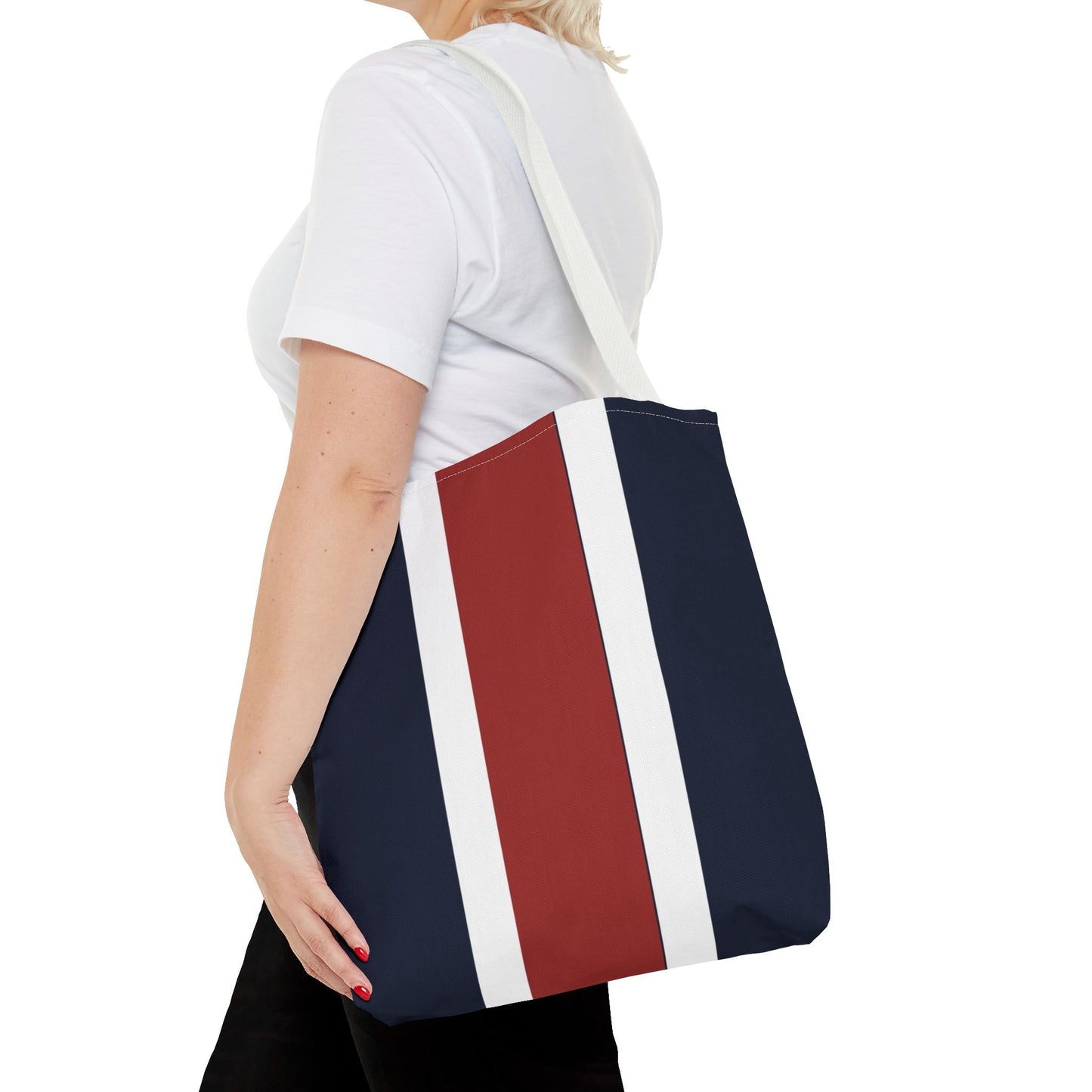Lunar Midnight & Red-White Striped Tote Bag, Summer Beach Bag, Casual Shopping Tote, Patriotic Gift for Her, Travel Accessory