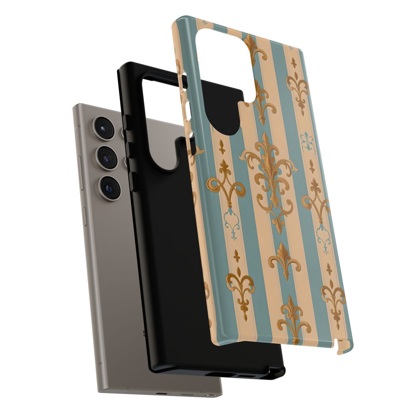 Elegant Floral Motif Phone Case - Tough Cases with Vintage Design -  Beige & Sky Blue Striped Gold Damask