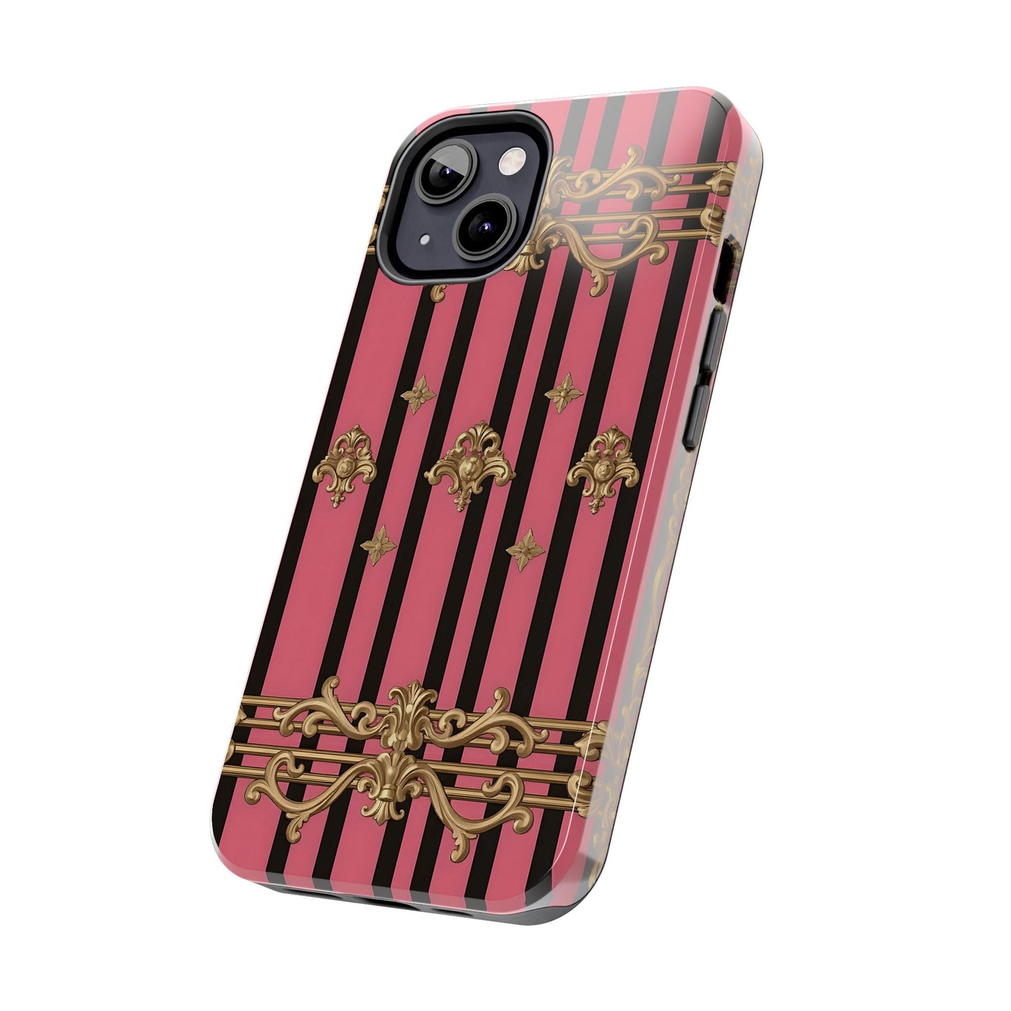 Elegant Floral Phone Cases, Stylish Protective Case for Trendy Individuals, Unique Gift for Tech Lovers, Phone Accessories - Pink Striped Gold Rococo
