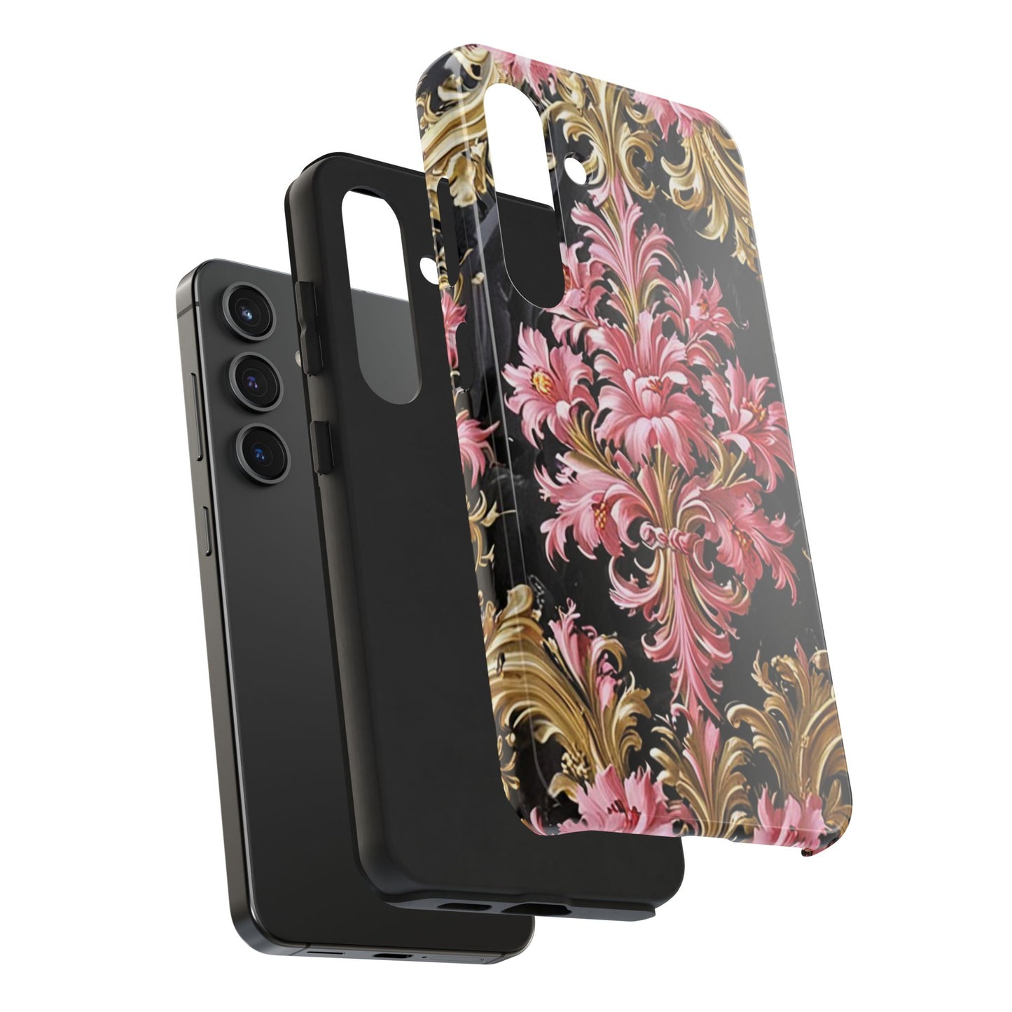 Elegant Floral Tough Phone Cases | Stylish Protection for Her | Gift for Birthdays - Black & Pink Oil Painting Style Rococo