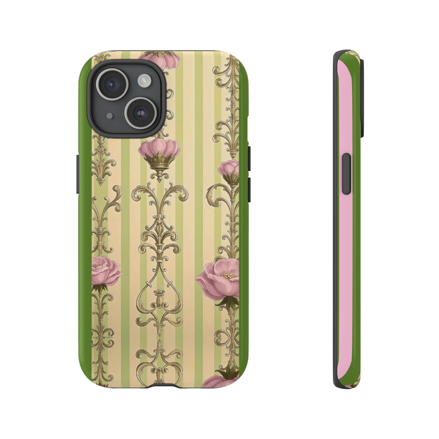 Elegant Floral Motif Phone Case - Tough Cases with Vintage Design - Lime Green & Pink Striped Damask