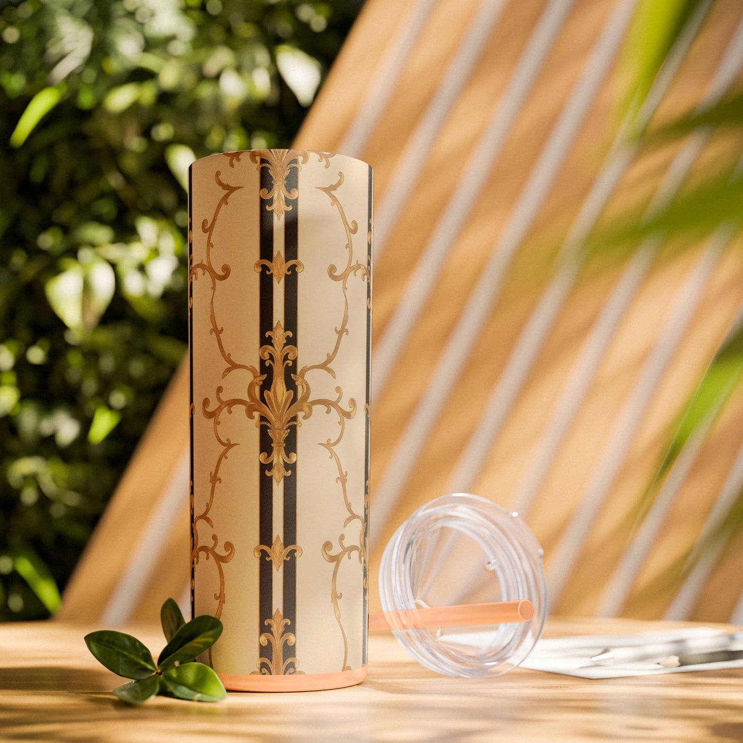 Elegant Gold Patterned Skinny Tumbler with Straw, 20oz | Stylish Travel Mug, Gift for Her, Fancy Drinkware - Black & Beige Striped Damask