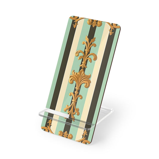 Elegant Phone Stand, Decorative Mobile Display Holder, Stylish Desk Accessory, Gift for Her, Home Office Decor - Black & Matte Mint Striped Rococo
