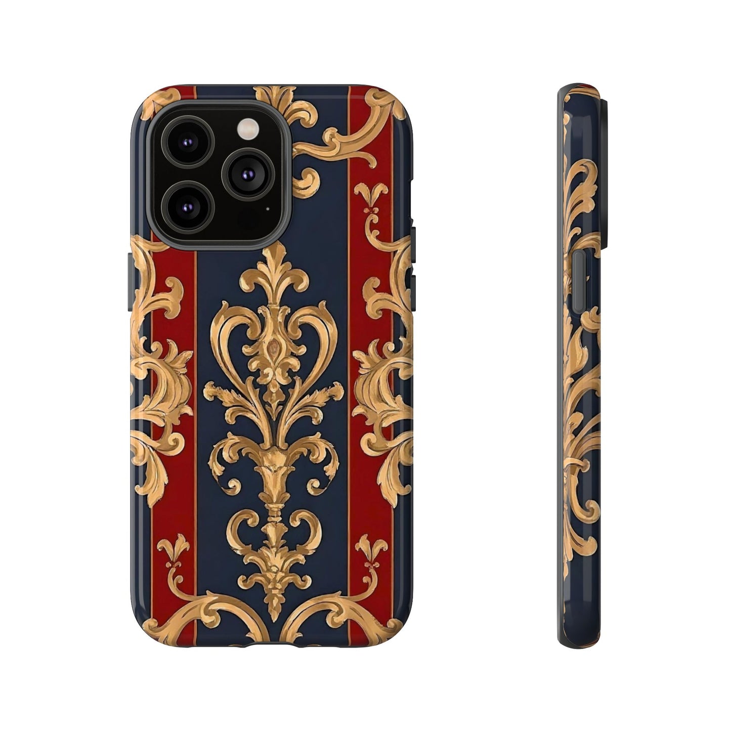 Elegant Floral Motif Phone Case - Tough Cases with Vintage Design - Midnight Blue & Dusk Red Striped Gold Damask