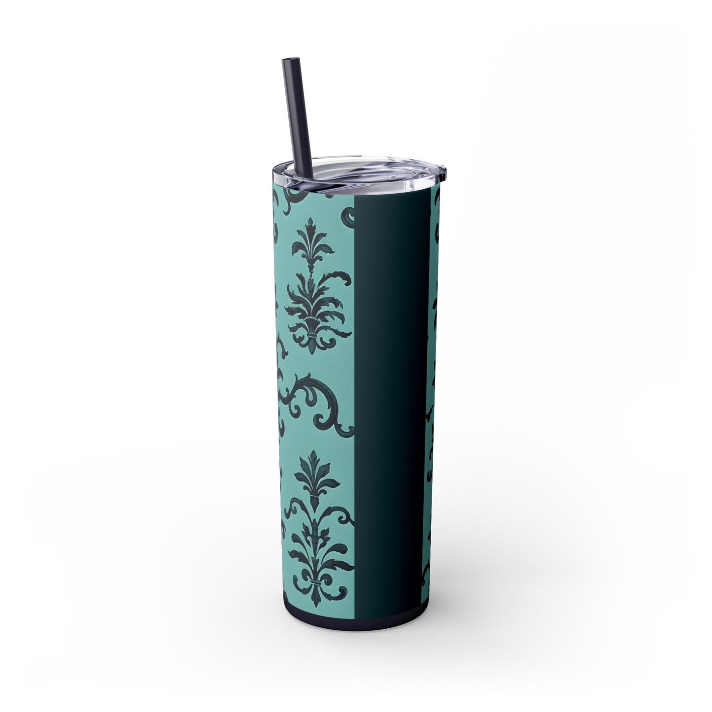 Elegant Floral Skinny Tumbler with Straw, 20oz, Personalized Drinkware, Stylish Travel Mug, Great Gift for Her - Teal Striped Rococo