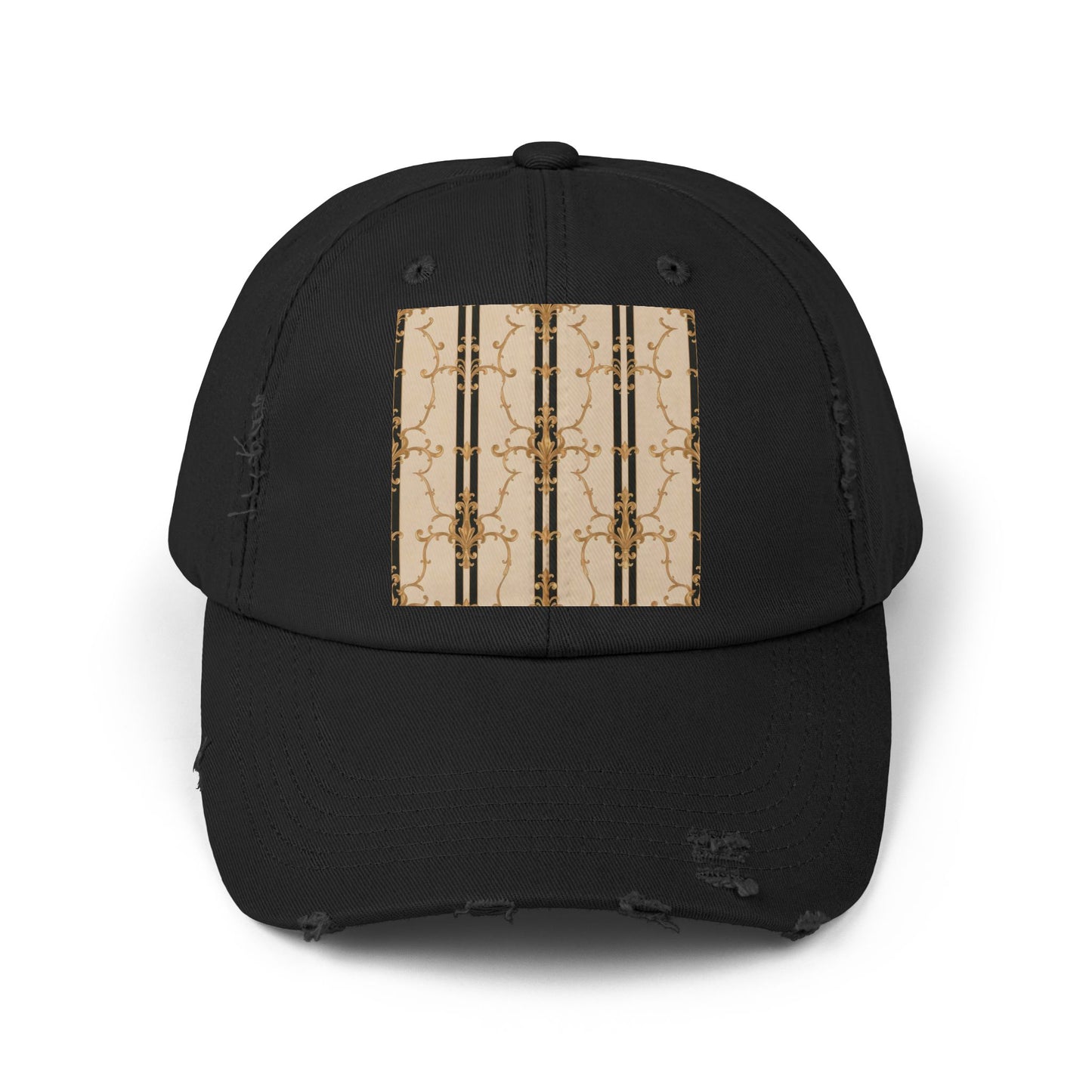 Chic Distressed Cap, Trendy Unisex Hat, Casual Summer Accessory, Perfect Gift for Fashion Lovers - Black & Beige Striped Damask