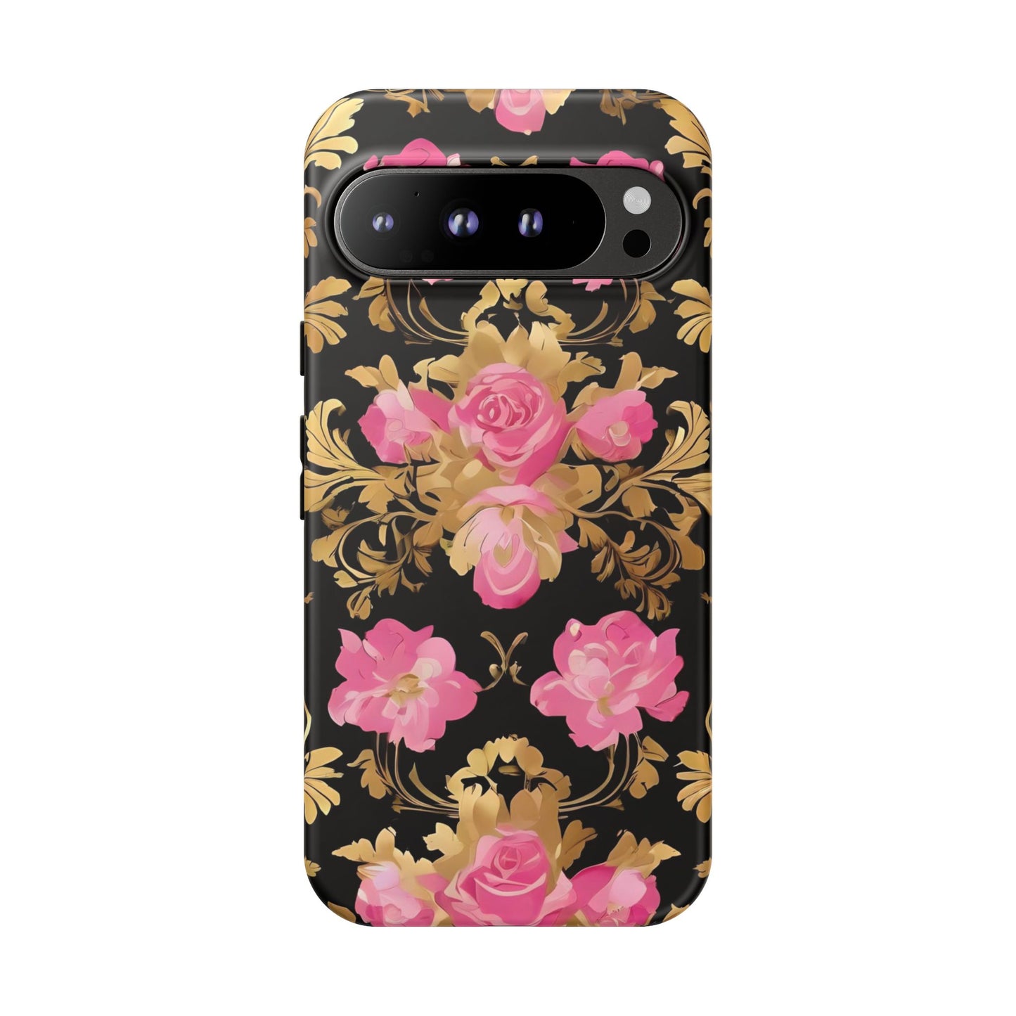 Elegant Floral Motif Phone Case - Tough Cases with Vintage Design - Pink & Gold Roses