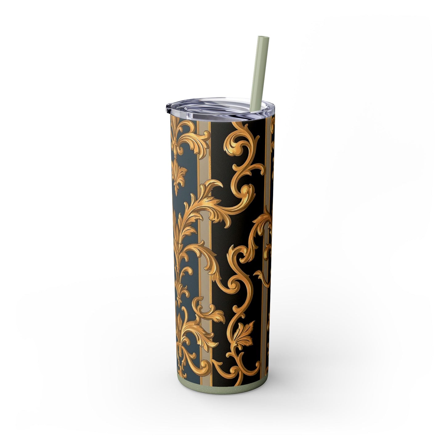Elegant Gold Floral Skinny Tumbler with Straw, 20oz - Stylish Travel Cup, Gift Idea for Birthdays - Blue & Black Striped Rococo