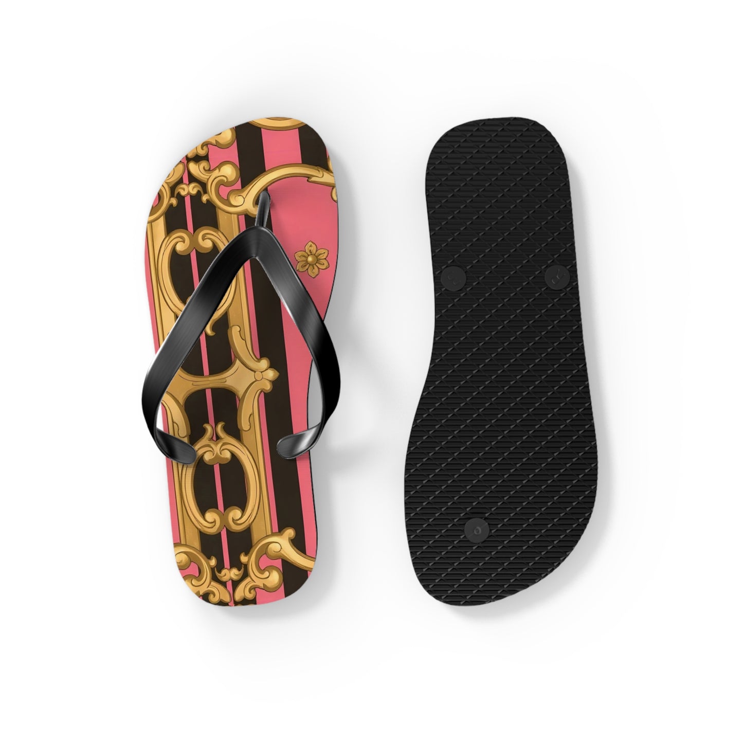 Chic Patterned Flip Flops - Stylish Summer Sandals, Beach Footwear, Pool Slides, Vacation Essentials, Gift for Her - Pink & Black Striped Gold Baroque